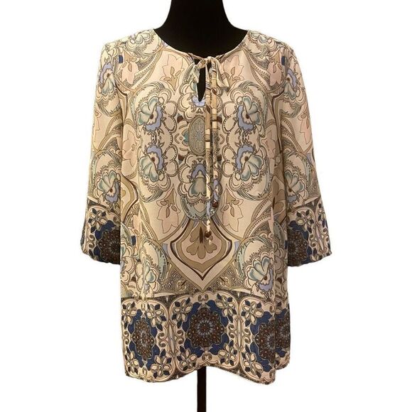 Ava Christine Beige‎ and Blue Popover Flowy Top with 3/4 Sleeves Sz L - Picture 1 of 13